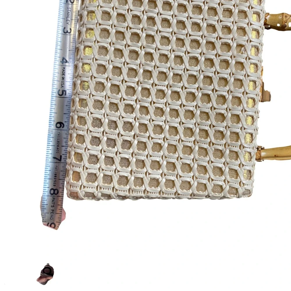 Cream Gold Woven Wicker Box Clutch Bamboo Handle Crossbody Bag